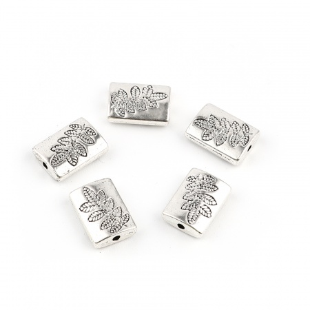 Lega di Zinco Perline Rettangolo Argento Antico Foglia Scolpisce Circa 13mm x 9mm, Foro:Circa 1.5mm, 50 Pz