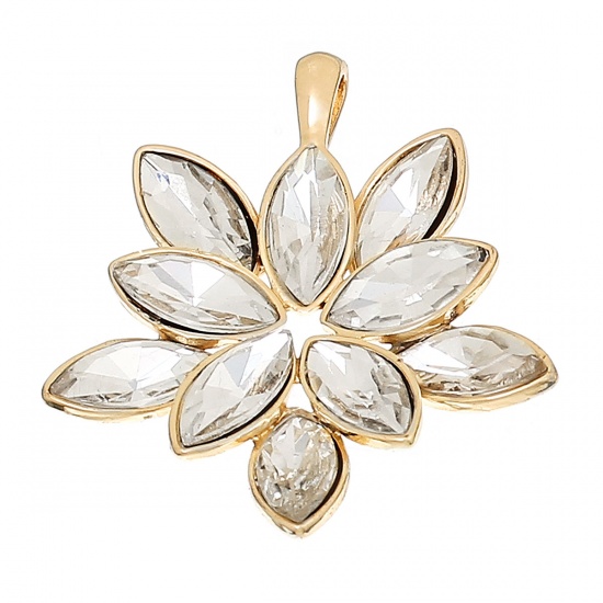 Picture of Zinc Metal Alloy Pendants Flower Gold Plated With Clear Glass Rhinestone 53mm(2 1/8") x 45mm(1 6/8"), 1 Piece