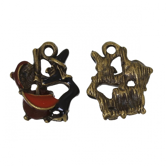 Picture of Zinc Based Alloy Halloween Charms Witch Antique Bronze Black & Red Enamel 19mm( 6/8") x 15mm( 5/8"), 10 PCs