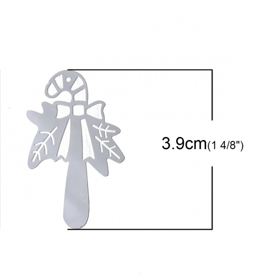 Immagine di Acciaio Inossidabile Charm Ciondoli Gruccia di Zucchero di Natale Tono Argento 39mm x 24mm , 10 Pz