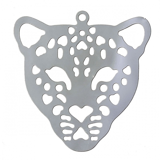 Image de Pendentif Estampe en Filigrane Creux en 304 Acier Inoxydable Animal Léopard Argent Mat 30mm x 29mm, 10 Pcs