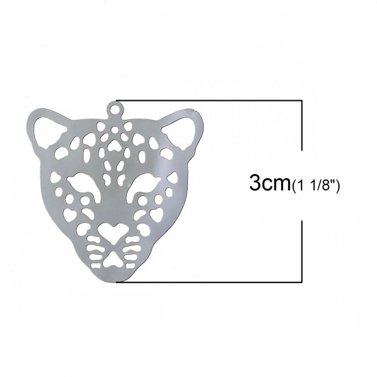 Image de Pendentif Estampe en Filigrane Creux en 304 Acier Inoxydable Animal Léopard Argent Mat 30mm x 29mm, 10 Pcs