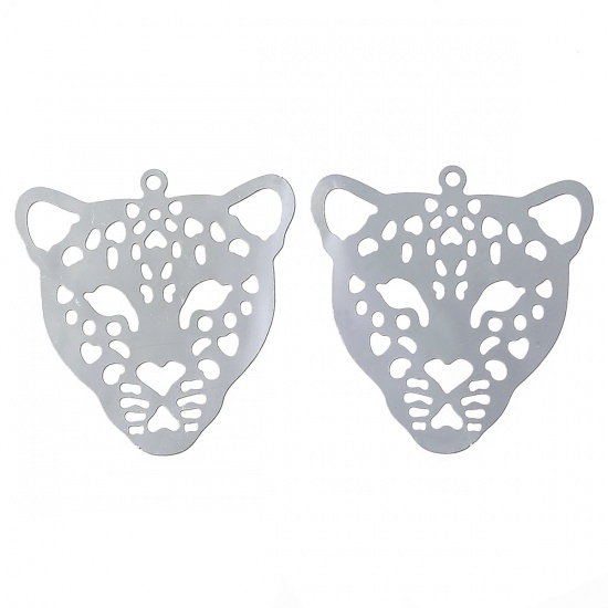 Image de Pendentif Estampe en Filigrane Creux en 304 Acier Inoxydable Animal Léopard Argent Mat 30mm x 29mm, 10 Pcs