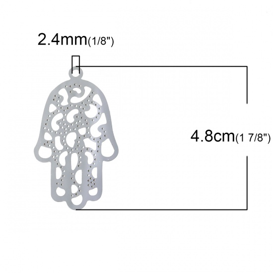 Image de Pendentifs Estampe en Filigrane Creux en 304 Acier Inoxydable Paume Argent Mat 48mm x 28mm, 2 Pcs