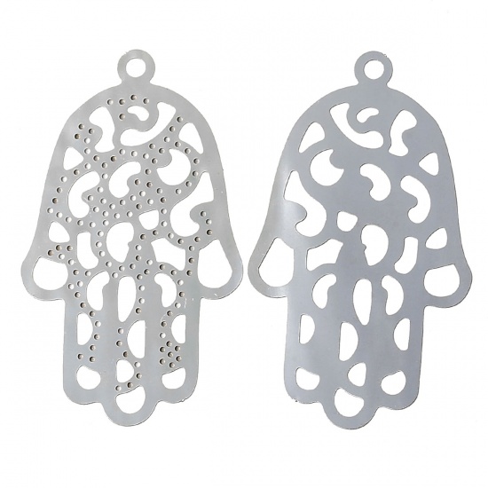 Image de Pendentifs Estampe en Filigrane Creux en 304 Acier Inoxydable Paume Argent Mat 48mm x 28mm, 2 Pcs