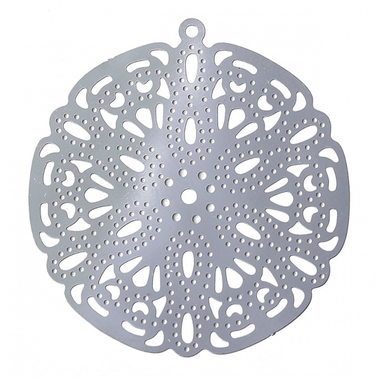 Picture of 304 Stainless Steel Filigree Stamping Pendants Round Silver Tone Pattern Carved Hollow 30mm(1 1/8") x 28mm(1 1/8"), 10 PCs