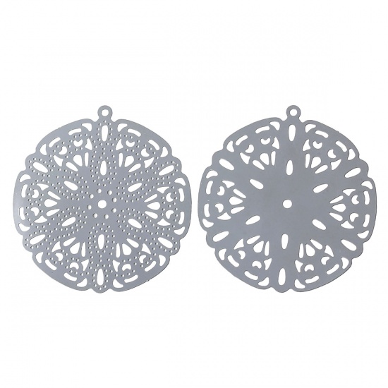 Picture of 304 Stainless Steel Filigree Stamping Pendants Round Silver Tone Pattern Carved Hollow 30mm(1 1/8") x 28mm(1 1/8"), 10 PCs