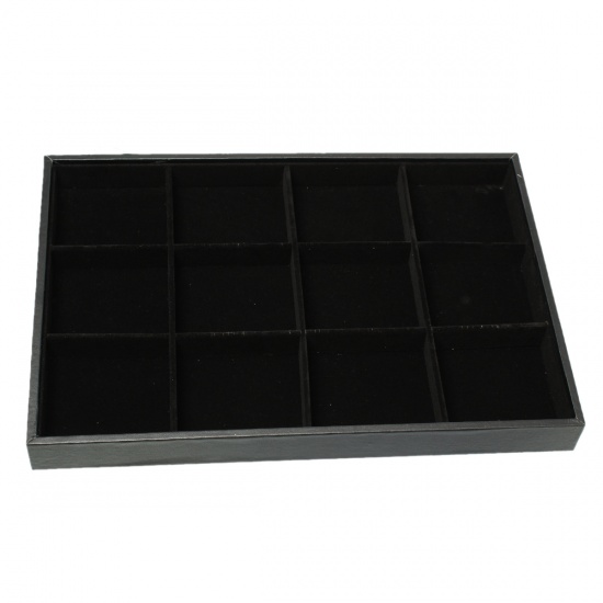 Picture of Velvet & Clad Plate Black Flocked 12 Compartment Ring Dish Jewelry Display Tray Insert Rectangle Detachable 35.2cm(13 7/8") x 24.2cm(9 4/8"), 1 Piece