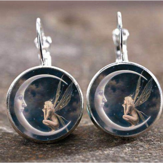 Picture of Copper & Glass Hoop Earrings Silver Tone Dark Gray Round Angel 18mm Dia., 1 Pair
