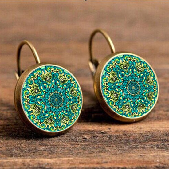 Picture of Brass & Glass Buddhism Mandala Hoop Earrings Bronzed Green Round Flower 18mm Dia., 1 Pair                                                                                                                                                                     