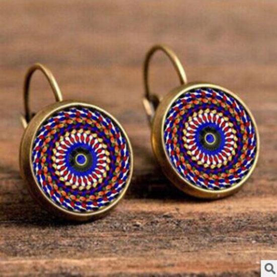 Picture of Brass & Glass Buddhism Mandala Hoop Earrings Bronzed Multicolor Round Flower 18mm Dia., 1 Pair                                                                                                                                                                