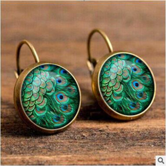 Picture of Copper & Glass Hoop Earrings Bronzed Green Round Feather 18mm Dia., 1 Pair