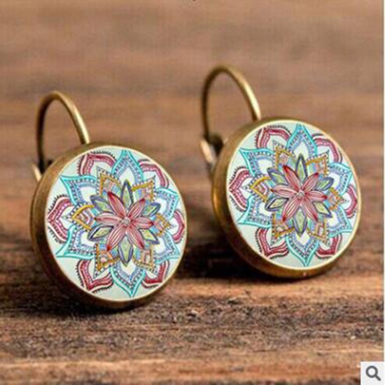 Picture of Copper & Glass Buddhism Mandala Hoop Earrings Bronzed Multicolor Round Flower 18mm Dia., 1 Pair