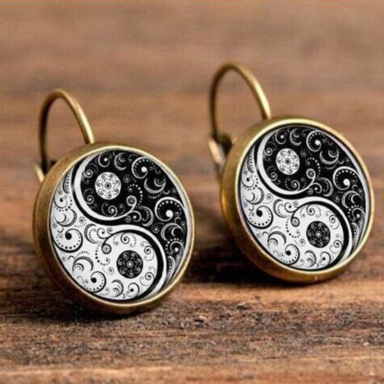 Picture of Copper & Glass Hoop Earrings Bronzed Black & White Round Yin Yang Symbol 18mm Dia., 1 Pair