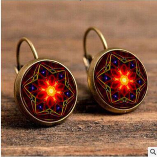Picture of Brass & Glass Hoop Earrings Bronzed Dark Red Round Star 18mm Dia., 1 Pair                                                                                                                                                                                     