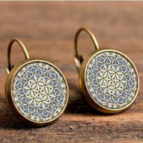 Picture of Copper & Glass Buddhism Mandala Hoop Earrings Bronzed Pale Yellow Round Flower 18mm Dia., 1 Pair