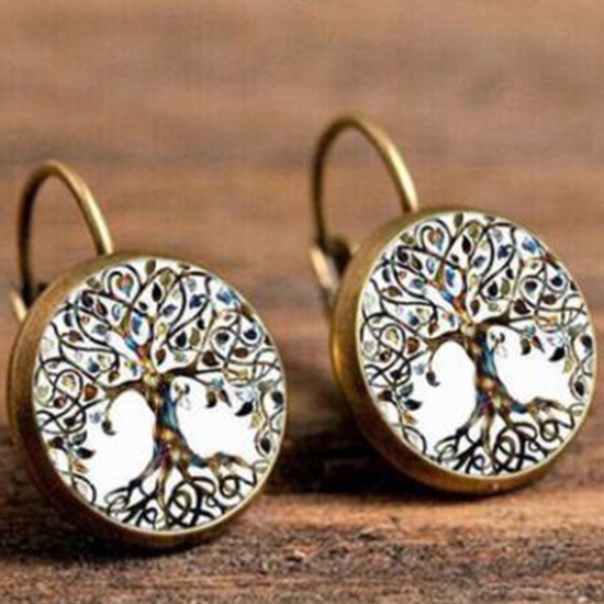 Picture of Brass & Glass Hoop Earrings Bronzed White & Brown Round Tree of Life 18mm Dia., 1 Pair                                                                                                                                                                        