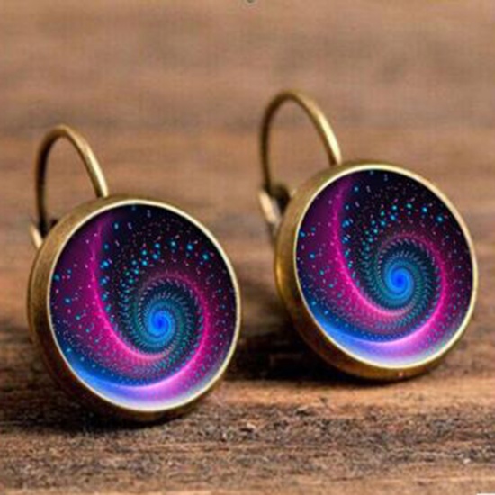 Picture of Copper & Glass Hoop Earrings Bronzed Purple & Blue Round Swirl 18mm Dia., 1 Pair