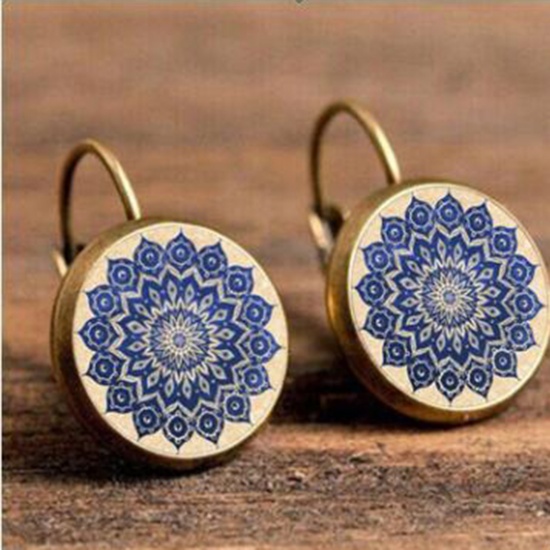 Picture of Copper & Glass Buddhism Mandala Hoop Earrings Bronzed Blue Round Flower 18mm Dia., 1 Pair