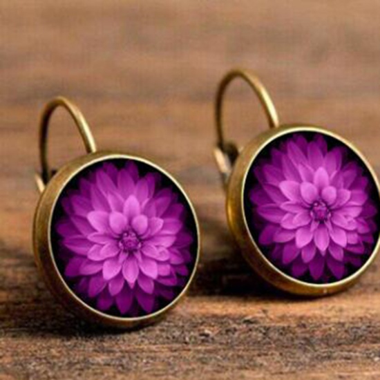 Picture of Copper & Glass Hoop Earrings Bronzed Fuchsia Round Flower 18mm Dia., 1 Pair