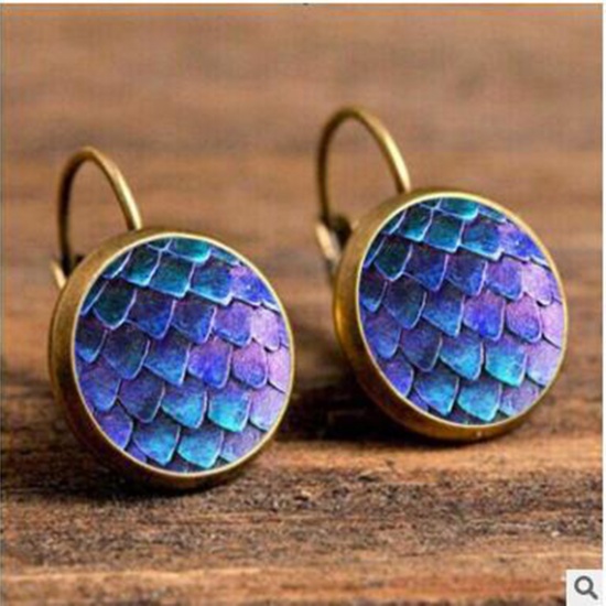 Picture of Copper & Glass Hoop Earrings Bronzed Purple & Blue Round Fish Scale 18mm Dia., 1 Pair