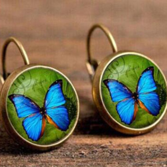 Picture of Brass & Glass Hoop Earrings Bronzed Blue & Green Round Butterfly 18mm Dia., 1 Pair                                                                                                                                                                            