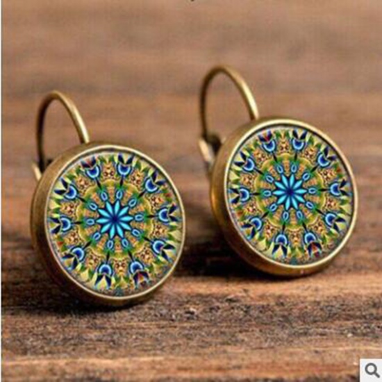 Picture of Brass & Glass Buddhism Mandala Hoop Earrings Bronzed Yellow & Blue Round Flower 18mm Dia., 1 Pair                                                                                                                                                             