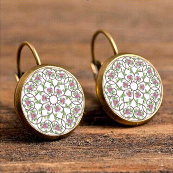 Picture of Brass & Glass Buddhism Mandala Hoop Earrings Bronzed Multicolor Round Flower 18mm Dia., 1 Pair                                                                                                                                                                
