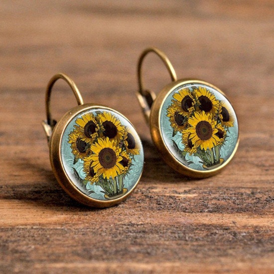 Picture of Brass & Glass Hoop Earrings Bronzed Yellow Round Sunflower 30mm, 1 Pair                                                                                                                                                                                       