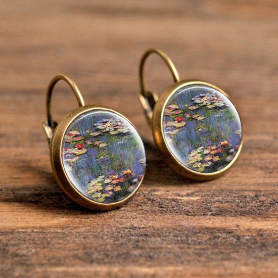 Picture of Brass & Glass Hoop Earrings Bronzed Multicolor Round Flower 30mm, 1 Pair                                                                                                                                                                                      