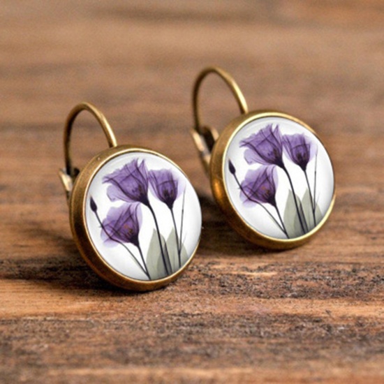 Picture of Brass & Glass Hoop Earrings Bronzed White & Purple Round Flower 30mm, 1 Pair                                                                                                                                                                                  