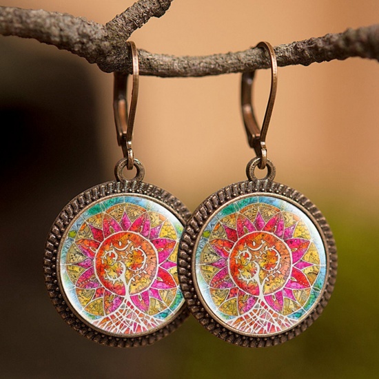 Picture of Copper & Glass Hoop Earrings Bronzed Multicolor Round Tree of Life 30mm, 1 Pair