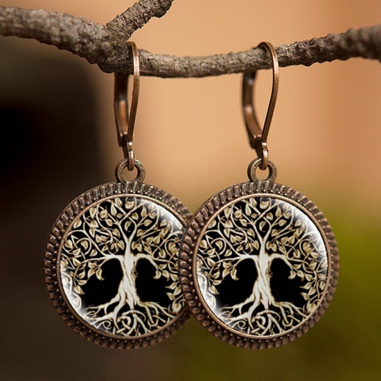 Picture of Copper & Glass Hoop Earrings Bronzed Black Round Tree of Life 30mm, 1 Pair
