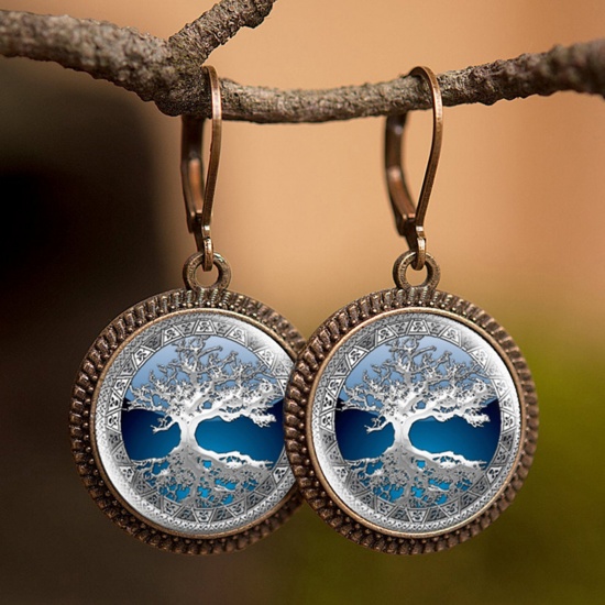 Picture of Copper & Glass Hoop Earrings Bronzed White & Blue Round Tree of Life 30mm, 1 Pair