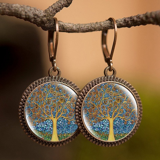 Picture of Copper & Glass Hoop Earrings Bronzed Yellow & Blue Round Tree of Life 30mm, 1 Pair