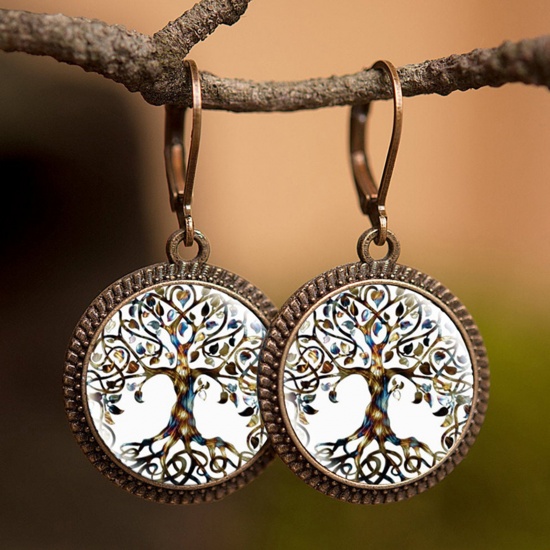 Picture of Copper & Glass Hoop Earrings Bronzed White & Brown Round Tree of Life 30mm, 1 Pair