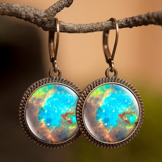 Picture of Brass & Glass Galaxy Hoop Earrings Bronzed Multicolor Round Galaxy Universe 30mm, 1 Pair                                                                                                                                                                      