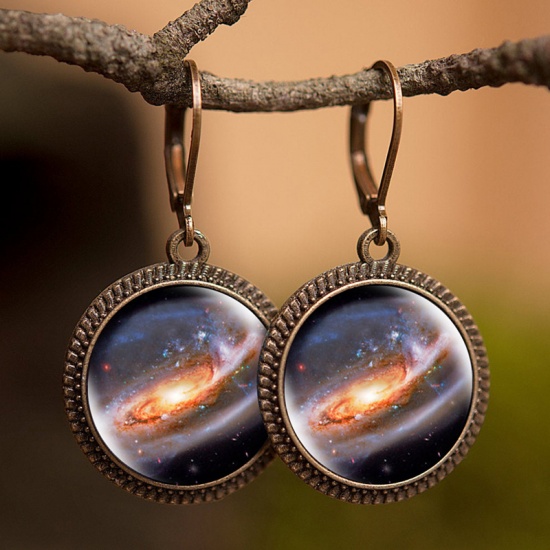 Picture of Brass & Glass Galaxy Hoop Earrings Bronzed Multicolor Round Galaxy Universe 30mm, 1 Pair                                                                                                                                                                      