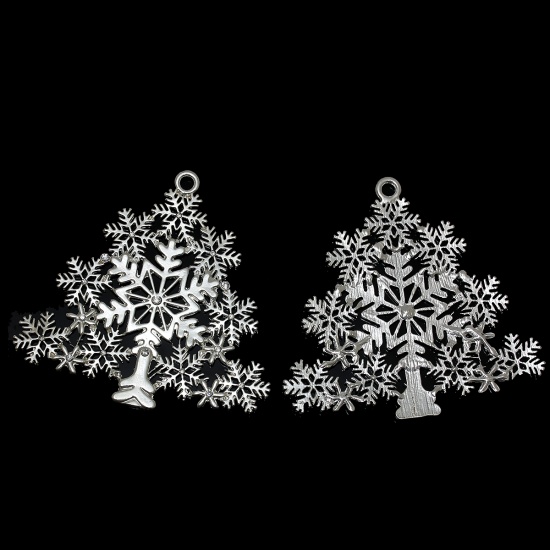 Picture of Zinc Metal Alloy Pendants Christmas Tree Snowflake Silver Plated Clear Rhinestone Hollow 8cm(3 1/8") x 7.7cm(3"), 1 Piece