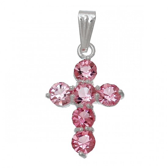 Picture of 3 PCs Brass & Glass Charm Pendant Silver Plated Pink Cross 28mm x 16mm