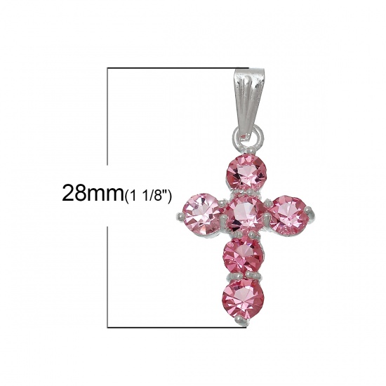 Picture of 3 PCs Brass & Glass Charm Pendant Silver Plated Pink Cross 28mm x 16mm