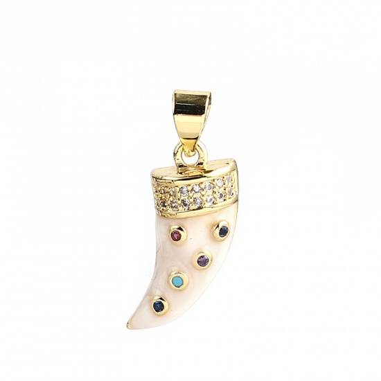 Bild von 1 Stück Messing Micro Pave Charm-Anhänger Vergoldet Weiß Horn Bunt Strassstein 21mm x 9mm