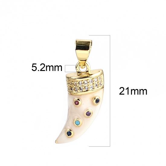 Bild von 1 Stück Messing Micro Pave Charm-Anhänger Vergoldet Weiß Horn Bunt Strassstein 21mm x 9mm