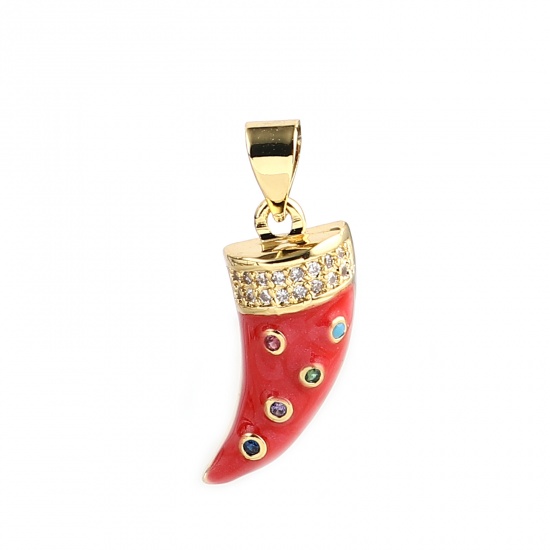 Bild von 1 Stück Messing Micro Pave Charm-Anhänger Vergoldet Rot Horn Bunt Strassstein 21mm x 9mm