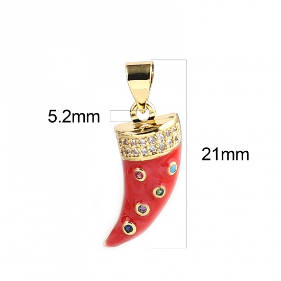 Bild von 1 Stück Messing Micro Pave Charm-Anhänger Vergoldet Rot Horn Bunt Strassstein 21mm x 9mm