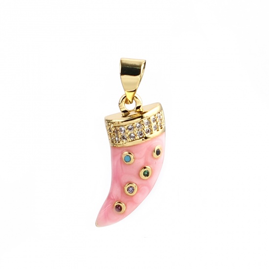 Bild von 1 Stück Messing Micro Pave Charm-Anhänger Vergoldet Rosa Horn Bunt Strassstein 21mm x 9mm