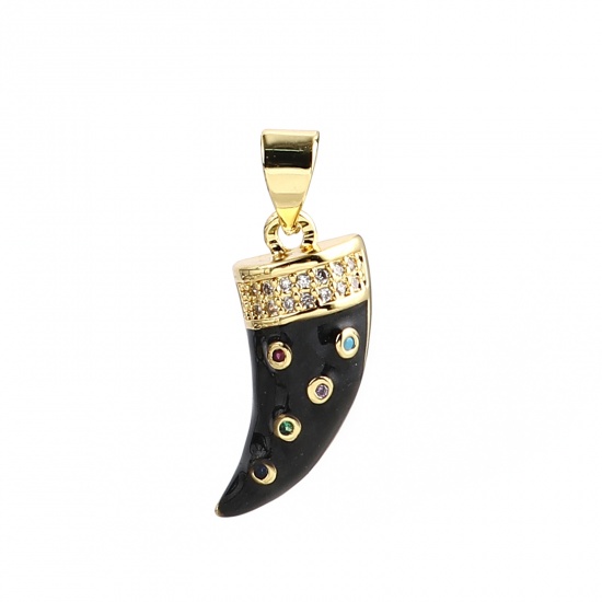 Bild von 1 Stück Messing Micro Pave Charm-Anhänger Vergoldet Schwarz Horn Bunt Strassstein 21mm x 9mm