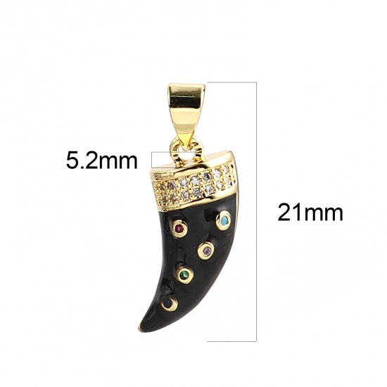 Bild von 1 Stück Messing Micro Pave Charm-Anhänger Vergoldet Schwarz Horn Bunt Strassstein 21mm x 9mm
