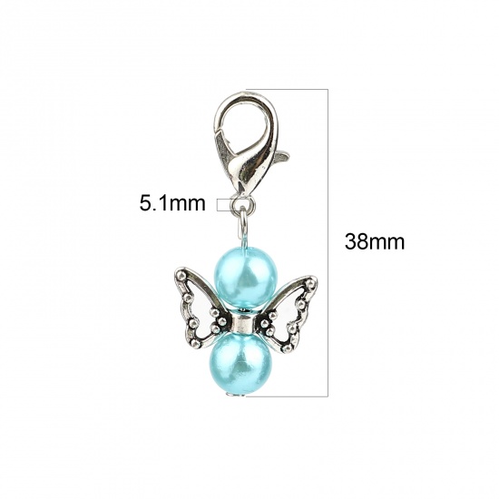 Picture of Zinc Based Alloy Insect Knitting Stitch Markers Angel Antique Silver Color Blue 38mm x 18mm, 5 PCs