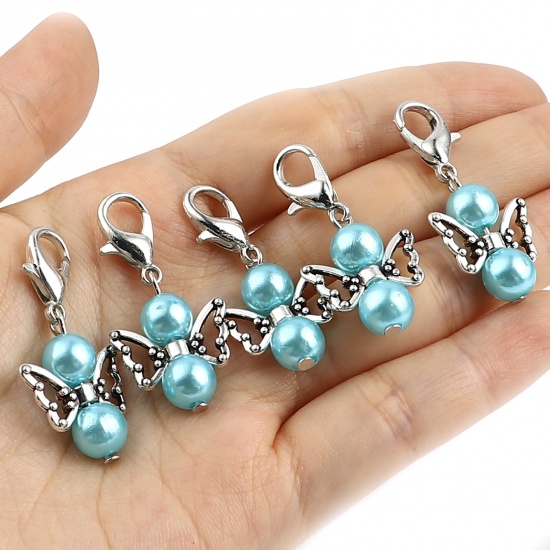 Picture of Zinc Based Alloy Insect Knitting Stitch Markers Angel Antique Silver Color Blue 38mm x 18mm, 5 PCs